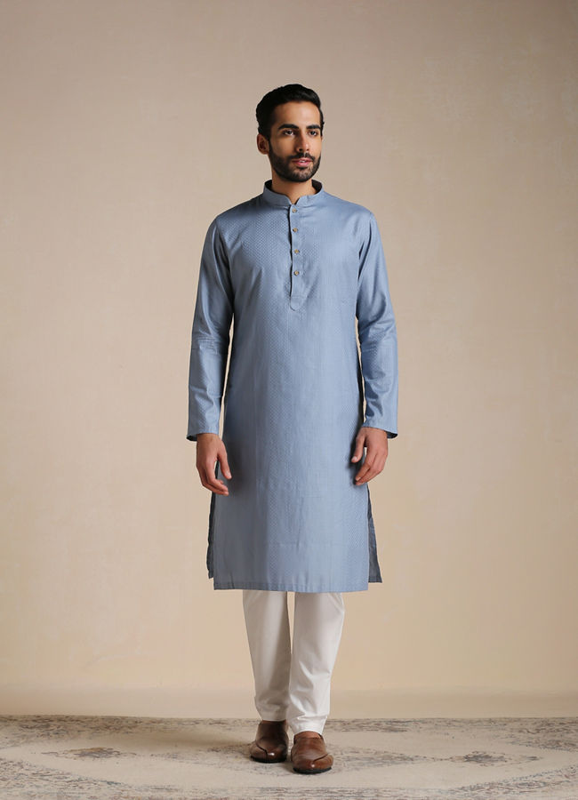 alt message - Manyavar Men Dusty Blue Self Patterned Kurta Set image number 1